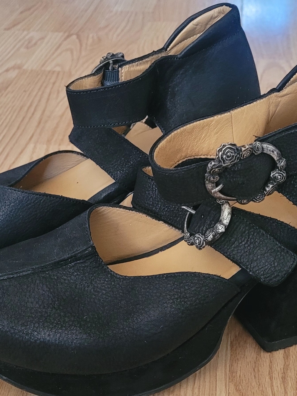 John Fluevog Black Leather Ankle-Strap Heels with Floral Buckles